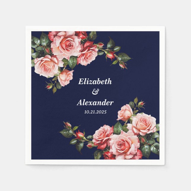 Serviette En Papier Rose sombre et rouge roses bleu marine mariage (Devant)