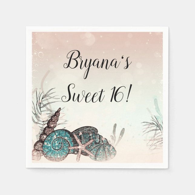 Serviette En Papier Rose Under the Sea Shells Beach Sweet 16 Party (Devant)