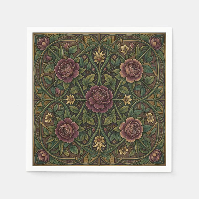 Serviette En Papier Rose violette ornée de style William Morris floral (Devant)