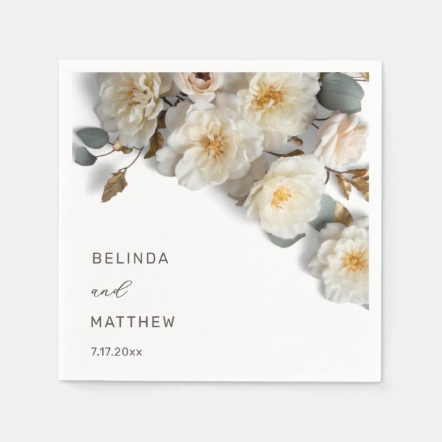 Serviette En Papier Roses 3D mariage blanc ivoire (Devant)