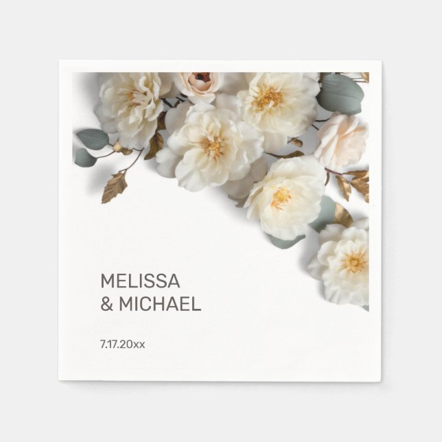 Serviette En Papier Roses 3D mariage blanc ivoire (Devant)