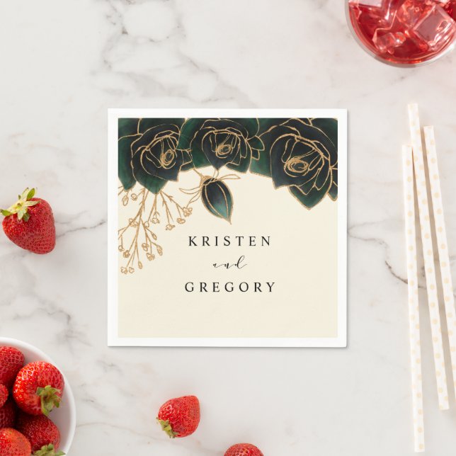 Serviette En Papier Roses Aquarelle Vert Et Mariage Or (En situation)
