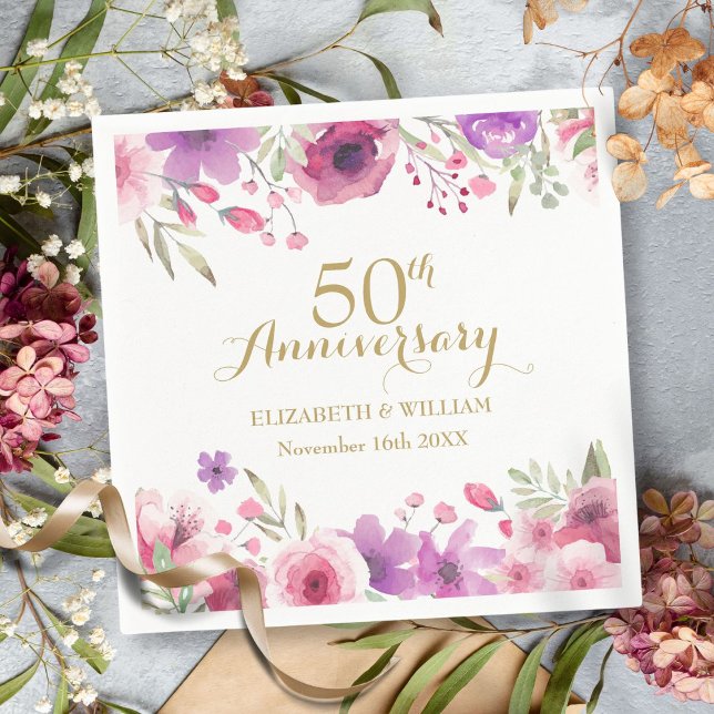 Serviette En Papier Roses aquarelles florales 50e anniversaire feuilla (50th Anniversary Floral Watercolour Roses Greenery Napkins)