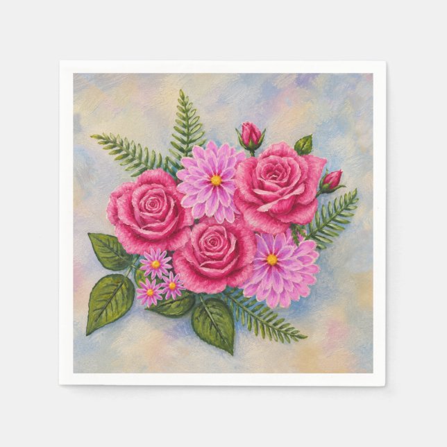 Serviette En Papier Roses avec Dahlias  (Devant)