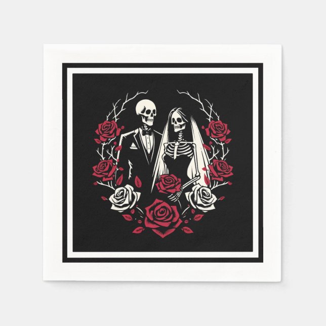 Serviette En Papier Roses blanc rouge et noir squelette Mariage couple (Devant)