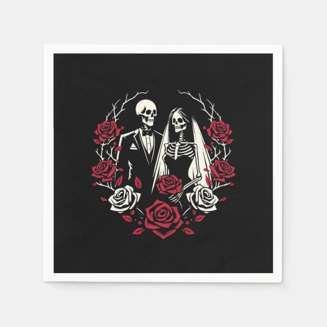 Serviette En Papier Roses blanc rouge et noir squelette Mariage couple (Devant)