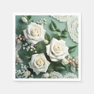 Serviette En Papier Roses Blances Et Feuilles Verts