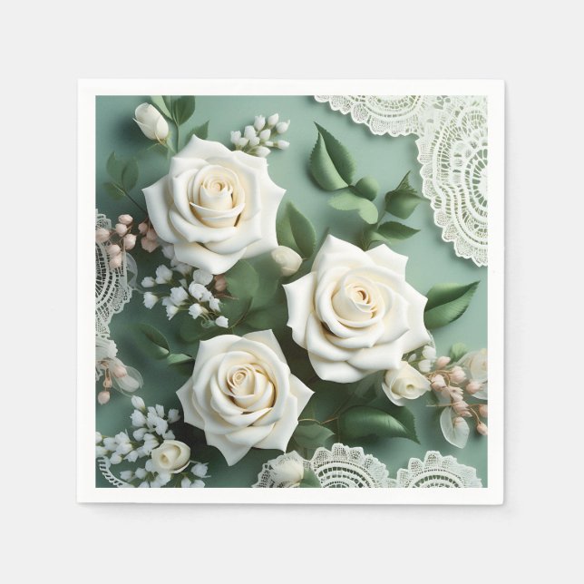Serviette En Papier Roses Blances Et Feuilles Verts (Devant)