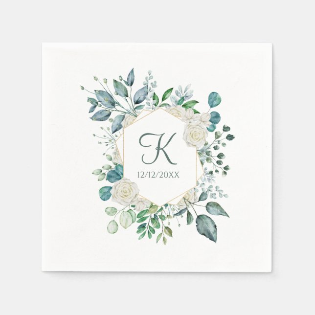 Serviette En Papier Roses blanches à motif de monogramme et feuillage  (Devant)