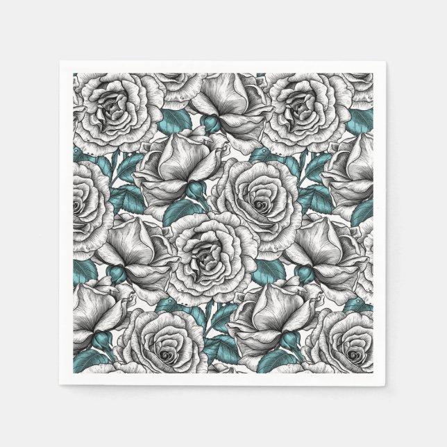 Serviette En Papier Roses blanches avec feuilles bleus (Devant)