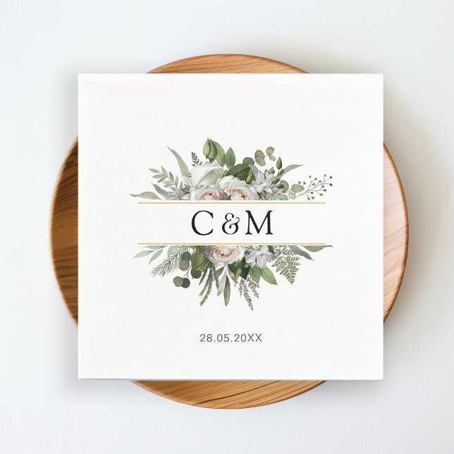 Serviette En Papier Roses blanches d'eucalyptus simples et élégantes (Créateur téléchargé)