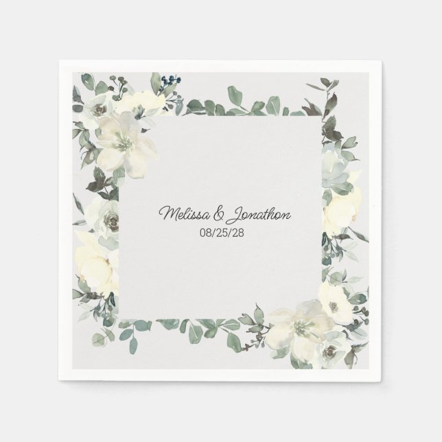 Serviette En Papier Roses blanches d'ivoire Floral Mariage romantique (Devant)