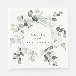 Serviette En Papier Roses blanches et mariage floral vert