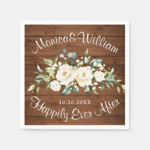 Serviette En Papier Roses blanches ivoire Verdure Bois rustique Mariag