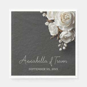 Serviette En Papier Roses blanches & Pivoines sur fond Charbon de bois