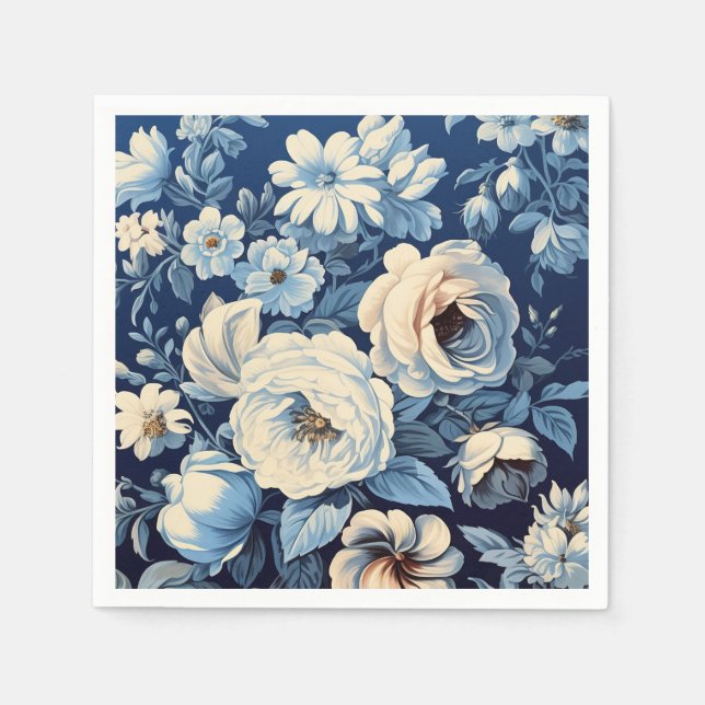 Serviette En Papier Roses blanches sur Indigo Arrière - plan bleu (Devant)