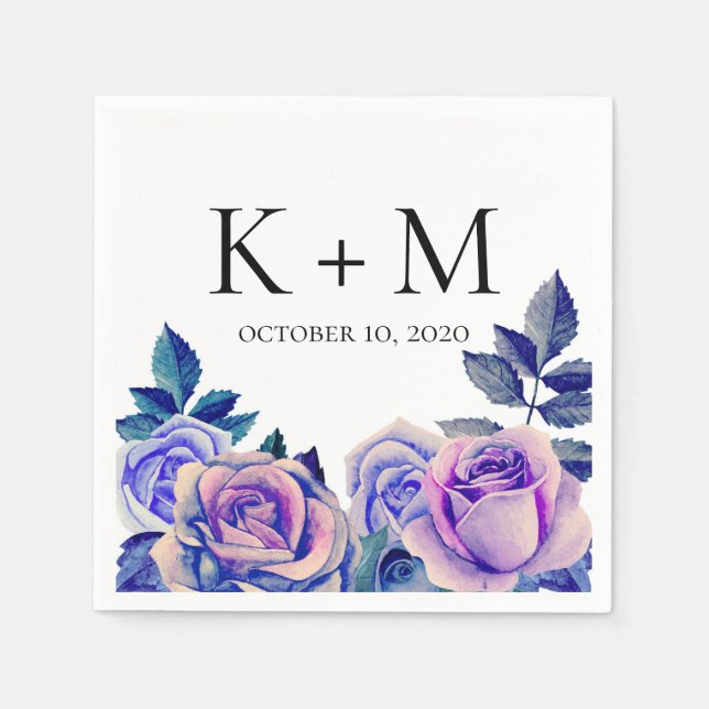 Serviette En Papier Roses bleues et violettes aquarelle. Fleurs de mar (Devant)