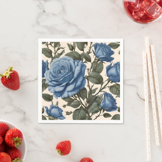 Serviette En Papier Roses Bleus Et Feuilles Verts, (En situation)