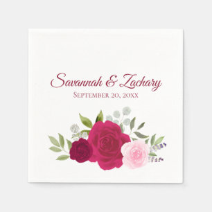 Serviette En Papier Roses Boho Chic  Magenta & Rose Aquarelle Mariage