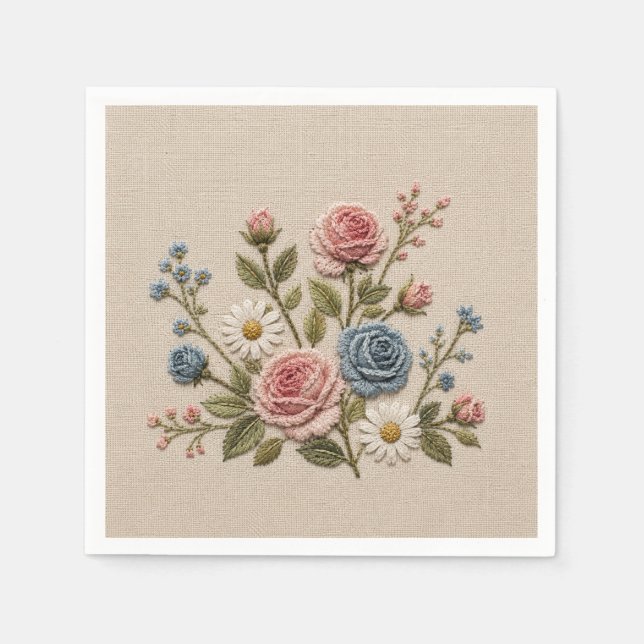 Serviette En Papier Roses Brodées Blush & Bleu (Devant)