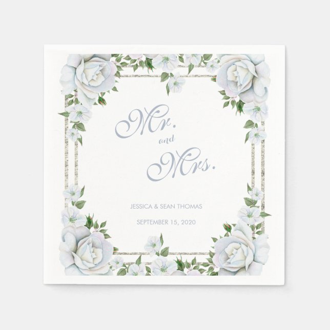 Serviette En Papier Roses Chic & Bordure Argentée Fleurs Mariage (Devant)