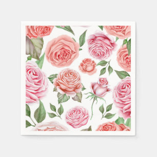 Serviette En Papier Roses Corail Pêche Feuillage Feuilles Style Shabby