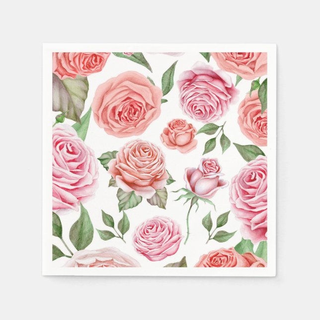 Serviette En Papier Roses Corail Pêche Feuillage Feuilles Style Shabby (Devant)