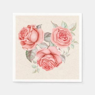 Serviette En Papier Roses Corail Pêche Vintage Feuillage Mariage