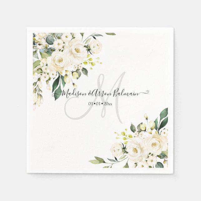 Serviette En Papier Roses d'albâtre Monogramme Fleurs Aquarelle (Devant)