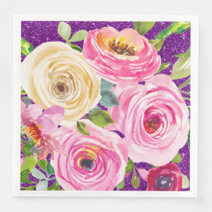 Serviette En Papier Roses d'aquarelle en Parties scintillant rose et c