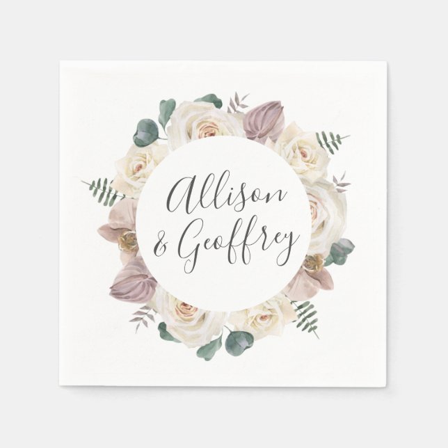 Serviette En Papier Roses d'aquarelle et orchidées Mariage personnalis (Devant)