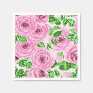 Serviette En Papier Roses d'aquarelle rose avec feuilles et pattes de