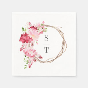 Serviette En Papier Roses d'aquarelle rose rouge Monogramme Mariage de