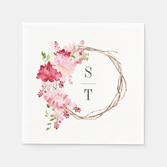Serviette En Papier Roses d'aquarelle rose rouge Monogramme Mariage de (Devant)