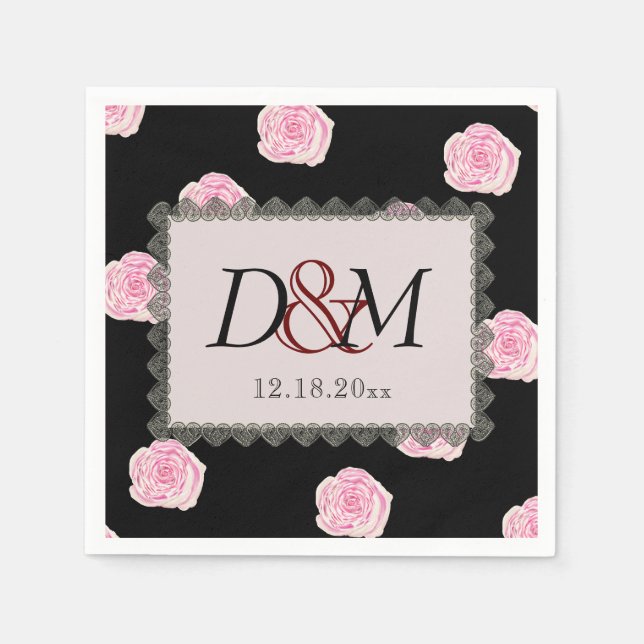 Serviette En Papier Roses de chou rose et Mariage de dentelle noire (Devant)