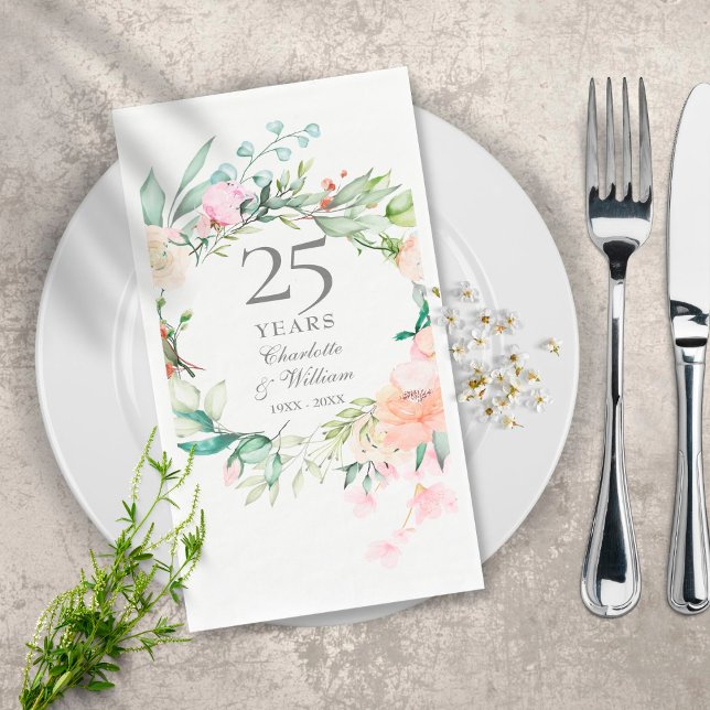 Serviette En Papier Roses Fleurales 25e Anniversaire de Mariage (Créateur téléchargé)