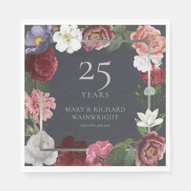 Serviette En Papier Roses Fleurs de Mariage d'Argent 25ème Anniversair (Devant)