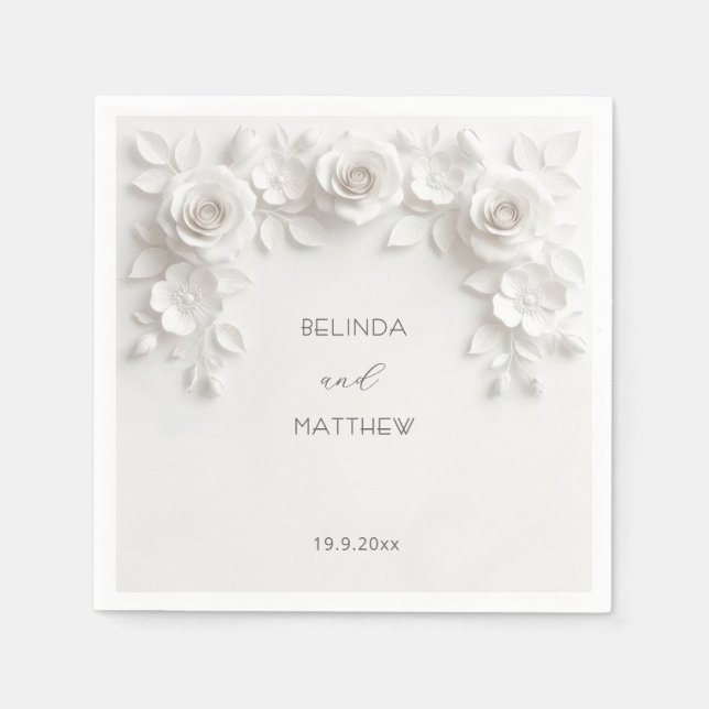 Serviette En Papier Roses Florales 3D Blanches | Mariage (Devant)