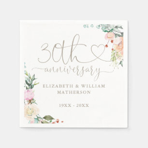 Serviette En Papier Roses florales à motif de cœur pour 30e anniversai