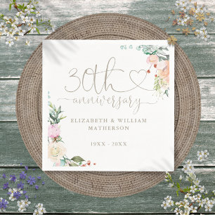 Serviette En Papier Roses florales à motif de cœur pour 30e anniversai