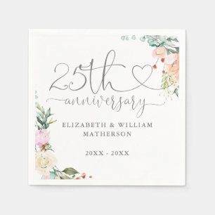 Serviette En Papier Roses florales de script de cœur de 25e anniversai