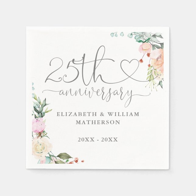 Serviette En Papier Roses florales de script de cœur de 25e anniversai (Devant)