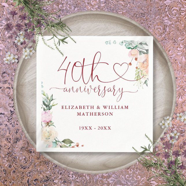 Serviette En Papier Roses florales Ruby Heart 40e anniversaire (40th Anniversary Ruby Heart Roses Floral Napkins)