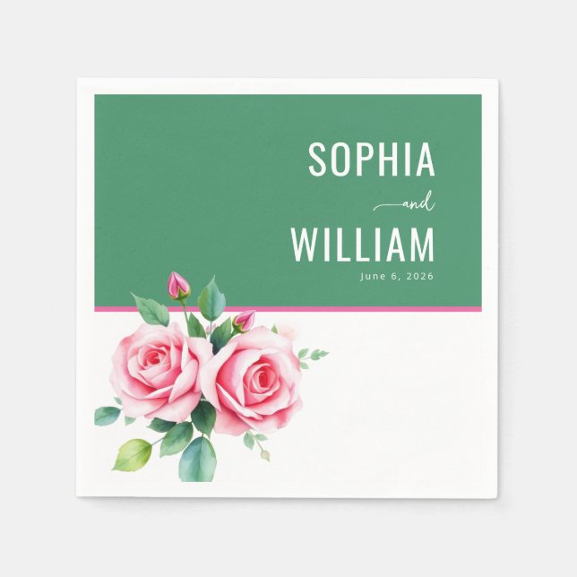 Serviette En Papier Roses Florales Vertes Élégantes (Devant)