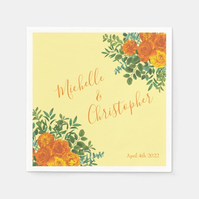 Serviette En Papier Roses floraux de Mariage orange jaune (Devant)