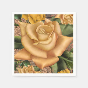 Serviette En Papier Roses jaunes et bois rustique de campagne pour une