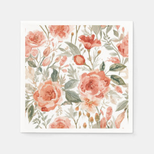 Serviette En Papier Roses orange aquarelle botanique corail floral