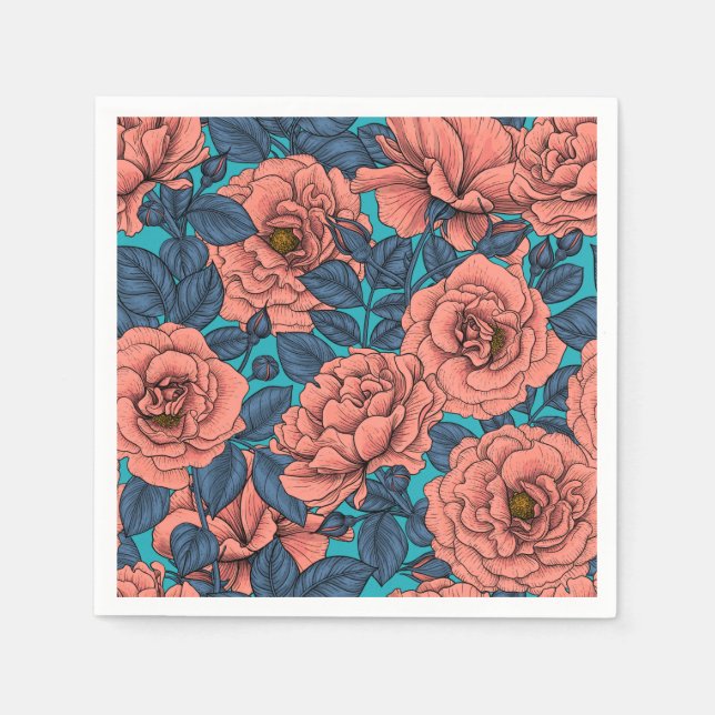 Serviette En Papier Roses roses avec feuilles bleus sur bleu (Devant)