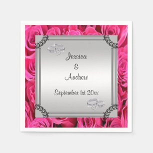 Serviette En Papier Roses roses et anneaux de mariage diamantés