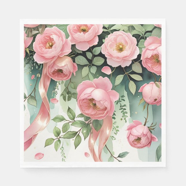 Serviette En Papier Roses roses et rubans (Devant)
